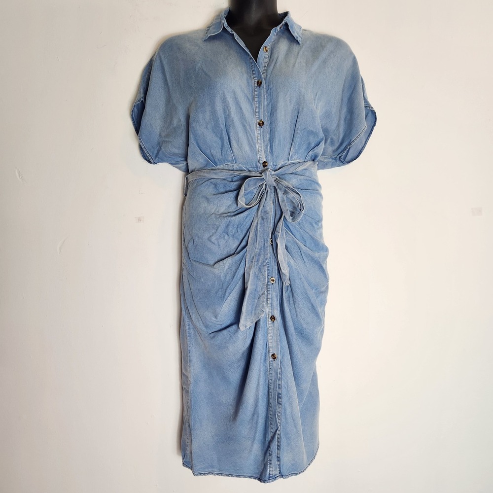 NEW She+Sky Denim Shirt Dress L Chambray Midi Tencel Button Ruched Tie Waist NWT